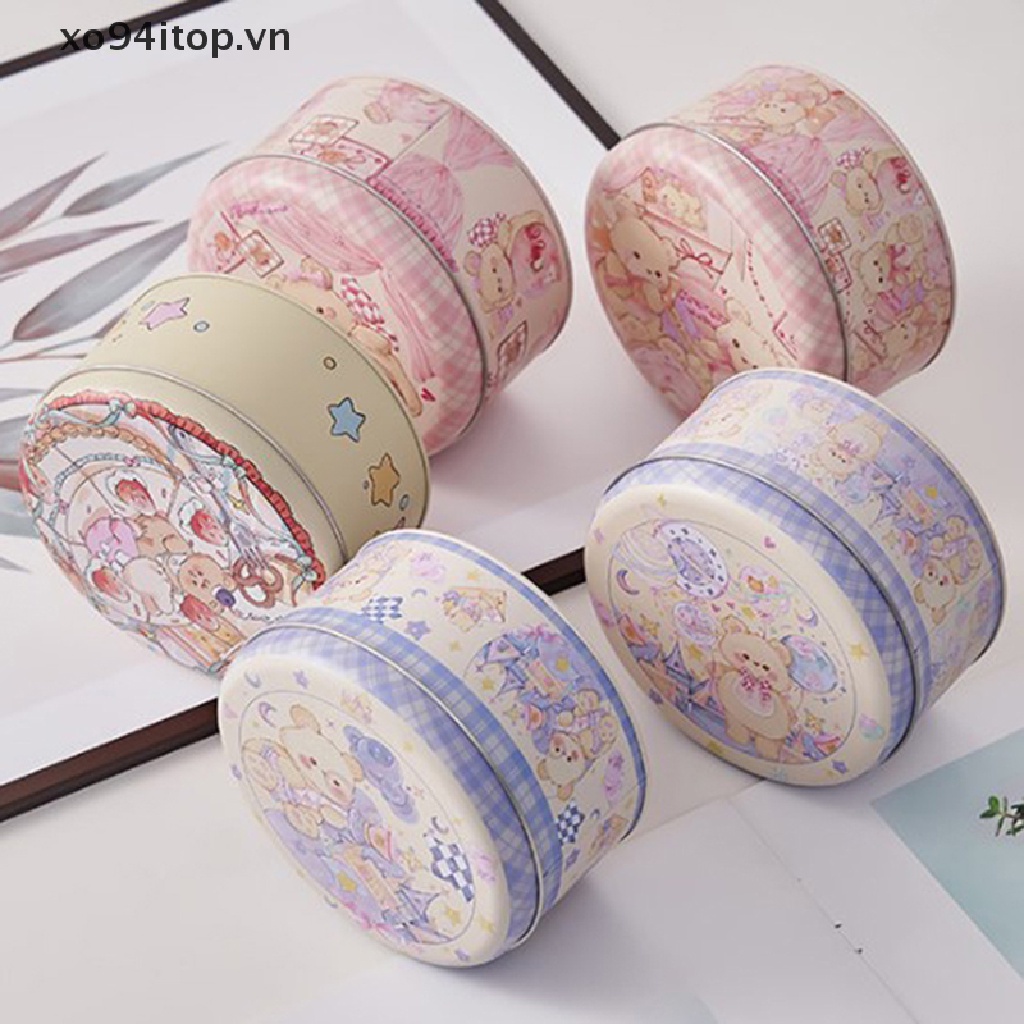 Hộp Thiếc Đựng Bánh Quy / Món Tráng Miệng Hình Tròn Cỡ Lớn In Họa Tiết Gấu / Thỏ Dễ Thương Tiện Dụng