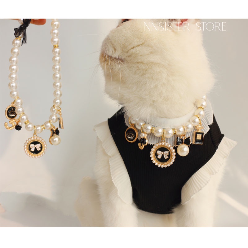 Vòng Cổ Ren Đính Ngọc Trai Và Nơ Dễ Thương Dành Cho Thú Cưng