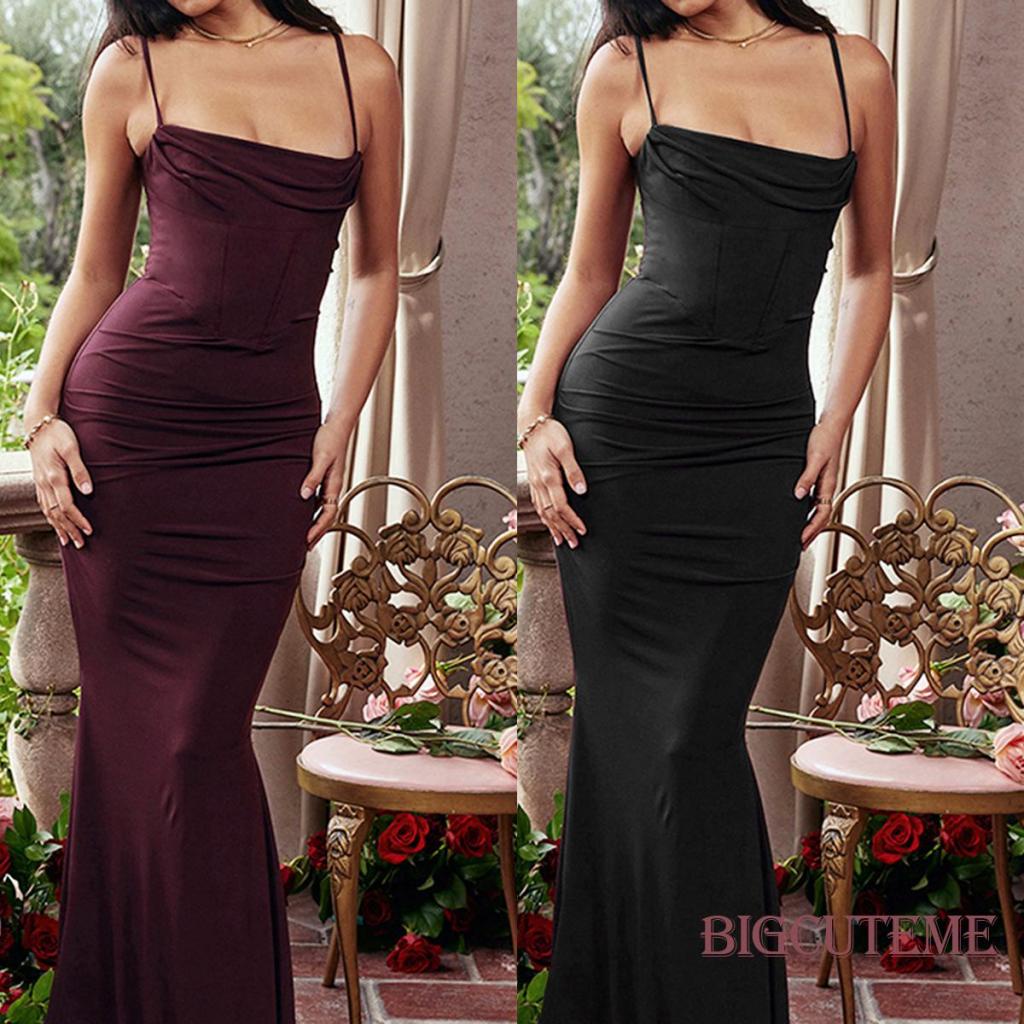 [] - Đầm Hai Dây Dáng Dài Hở Lưng Ôm Dáng Màu Trơn Thời Trang Mùa Hè Cho Nữ