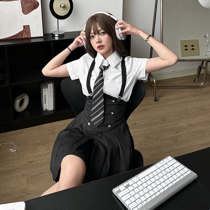 Weird Puss Set Áo Thun Polo Ngắn Tay Thắt Cà Vạt + Chân Váy Trơn Màu Thời Trang Dành Cho Nữ
