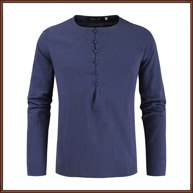 Áo Sơ Mi Cotton Lanh Cổ Tròn Tay Dài Màu Trơn Thời Trang Mùa Hè Cho Nam Giới