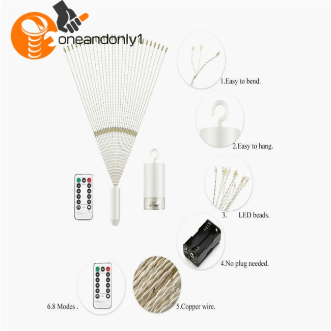 Dây Đèn Led DC6V 8 Chế Độ 200 Bóng Hình Pháo Hoa Treo Trang Trí Sân Vườn