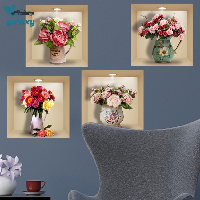 Galaxy Bộ 4 Miếng Dán Tường Trang Trí Hình Lọ Hoa Hồng 3d Tháo Rời Được Dành Cho Phòng Khách
