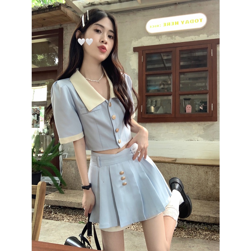 Set Áo Lửng Cổ Bẻ Dài Tay + Quần short Lưng Cao Thời Trang Nữ