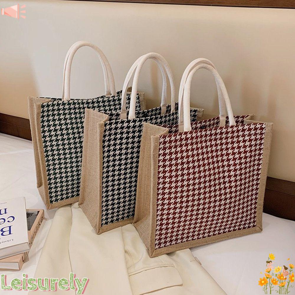 Túi Tote Đeo Vai Bằng Vải Lanh Họa Tiết Kẻ Ô Sức Chứa Lớn Thời Trang Đi Biển