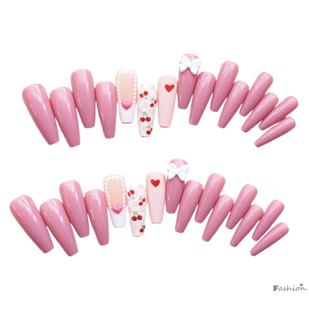 Bộ Móng Tay Giả Hình Vuông Nhiều Màu Kèm Nơ Trắng