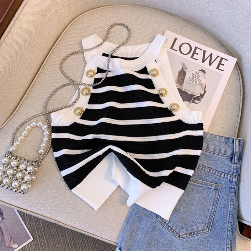 New French-style striped knitted shirt for girls sleeveless camisole slim-fit hot girl top