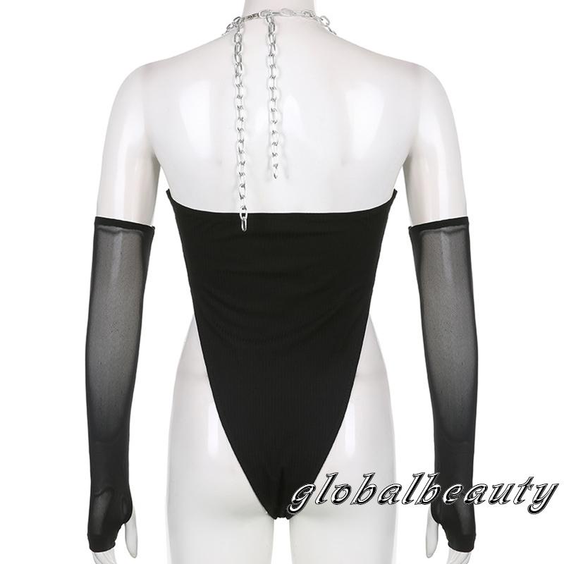 Bộ Áo Liền Quần Cổ Yếm Phối Lưới + Tay Áo Cánh Tay Màu Đen Thời Trang Cho Nữ