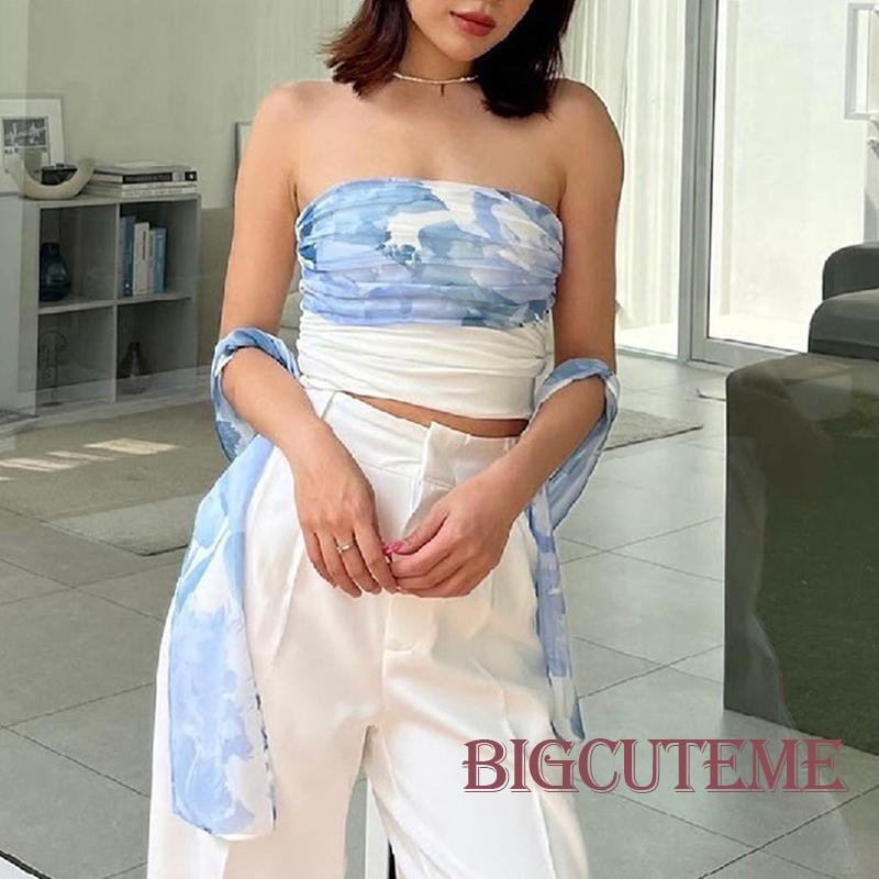 [] Áo Ống Mỏng Không Tay Hở Vai Ghép Vải Hoa Mùa Hè Cho Nữ