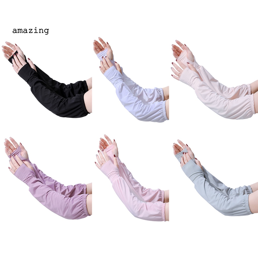 1 Đôi Găng Tay Chống Nắng Bằng Lụa Lạnh Màu Trơn Thiết Kế Lỗ Xỏ Ngón Tay Thời Trang Mùa Hè