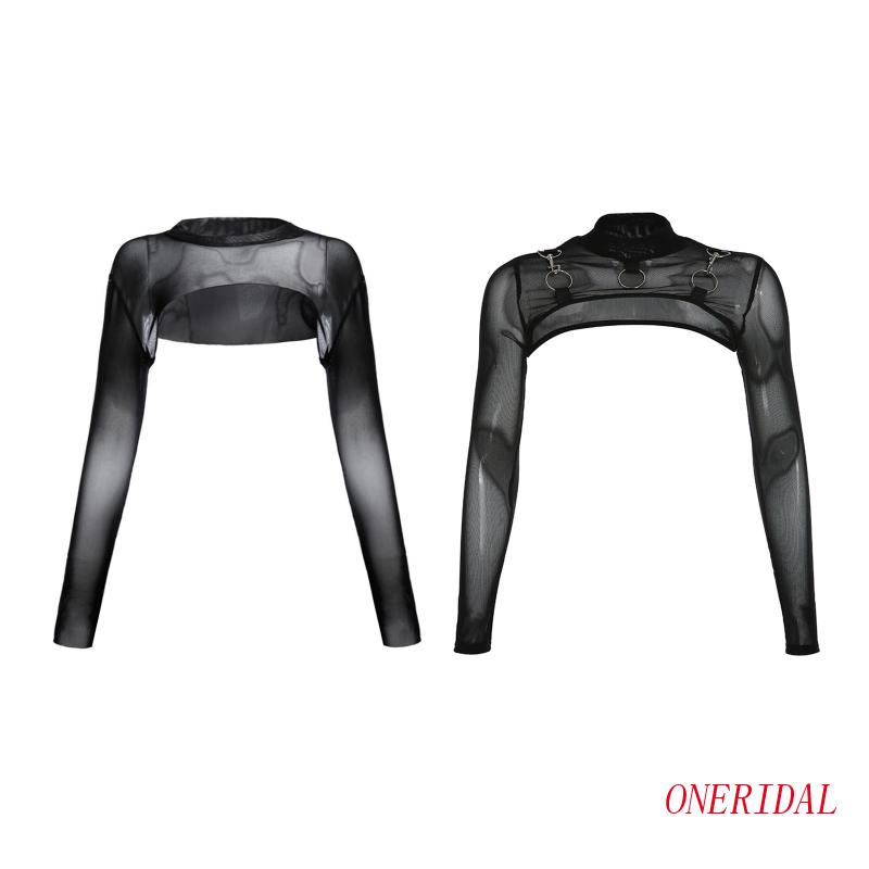 Áo Croptop Lưới Tay Dài Cổ Tròn Có Vòng Kim Loại Mỏng Phong Cách Harajuku Cho Nữ