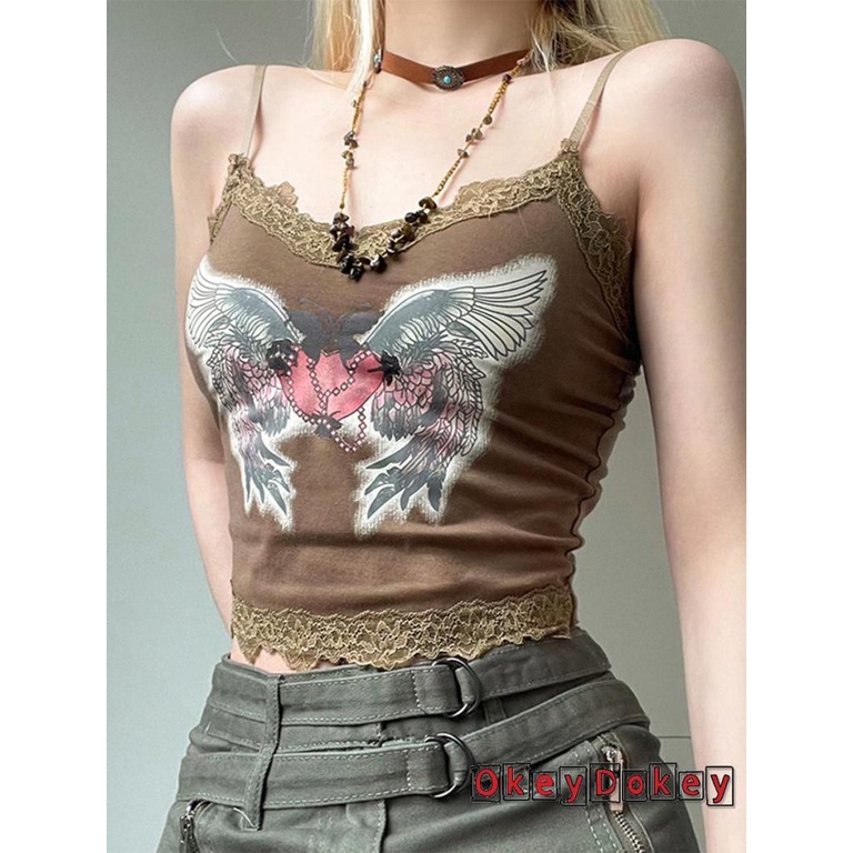 Áo Hai Dây Mỏng Cổ Chữ V Phối Ren Hình Bướm Gợi Cảm Cho Nữ