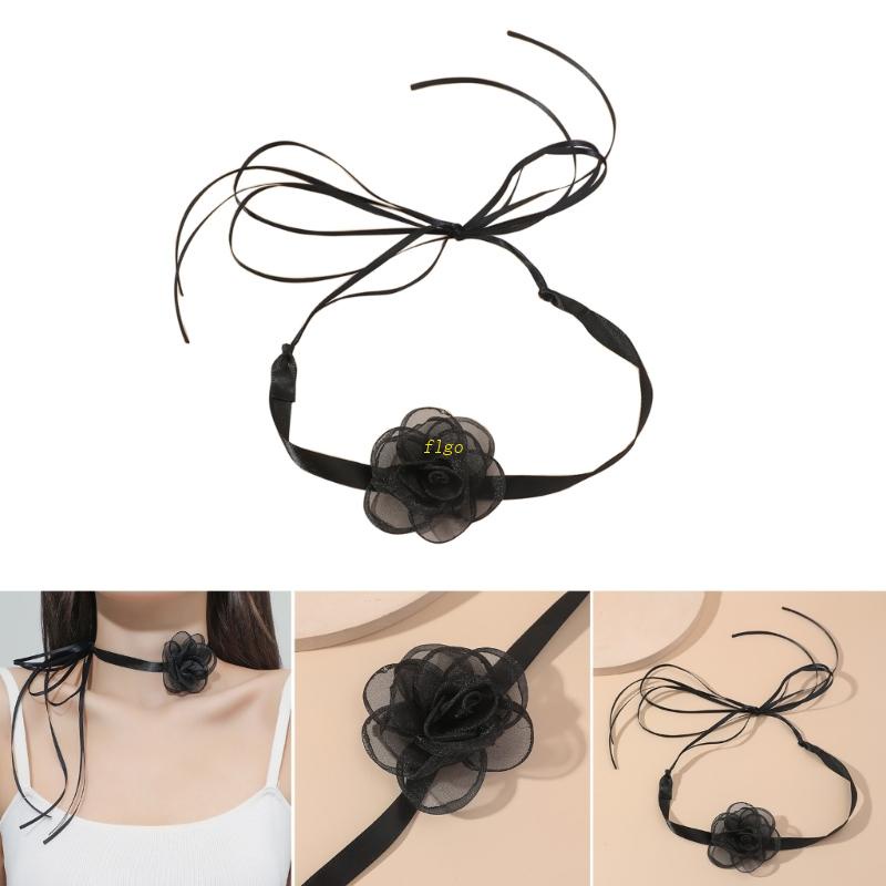 Flgo Vòng Cổ Choker Dây Dài Mặt Nơ Đính Hoa Trà Phong Cách Vintage