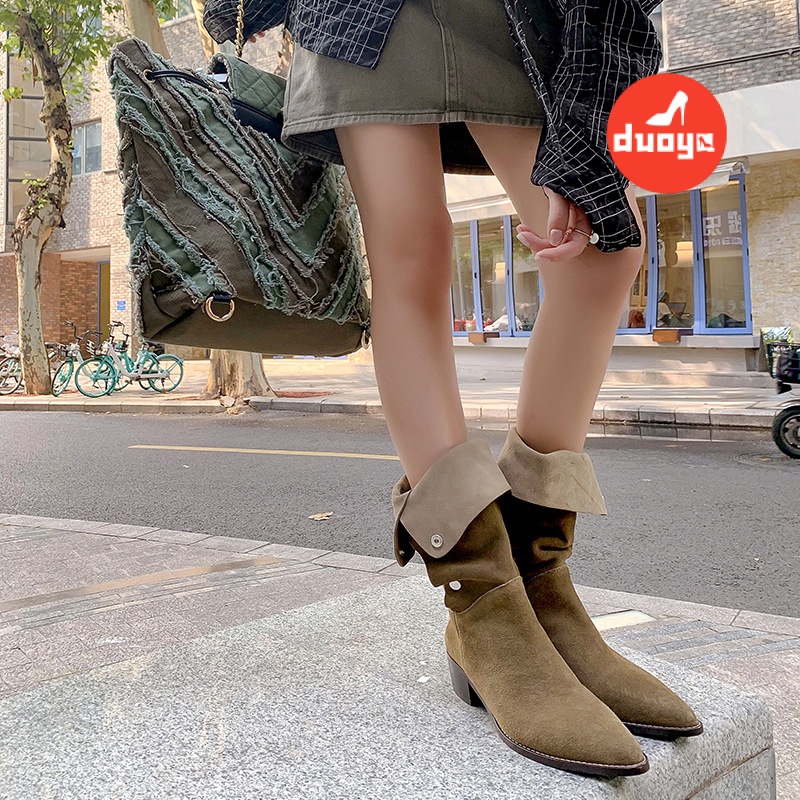 Duoya Factory Thẳng ~ [Cửa Hàng Có Sẵn] Giày Bốt Denim Ba Lỗ Mũi Nhọn Đế Dày Gấp Gọn Đinh Tán Phương Tây Cổ Điển