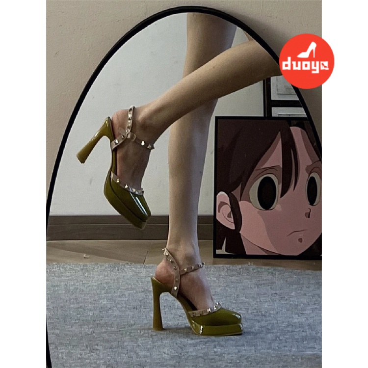 Duoya Tóc Thẳng ~ [Hàng Có Sẵn] Giày Cao Gót Đính Đinh Tán Phong Cách Bán Chạy Cho Nữ