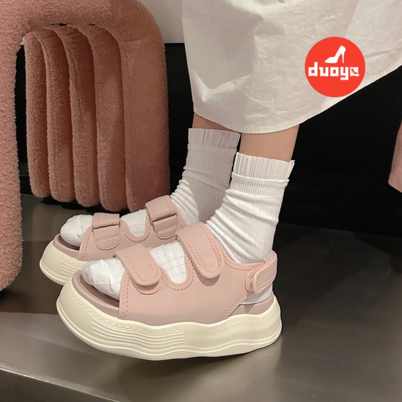 Duoya Tóc Thẳng ~ [Hàng Có Sẵn] Giày Sandal Bánh Mì Đế Dày Quai Dán Gợn Sóng Đơn Giản Tăng Chiều Cao Miễn Phí Vận Chuyển
