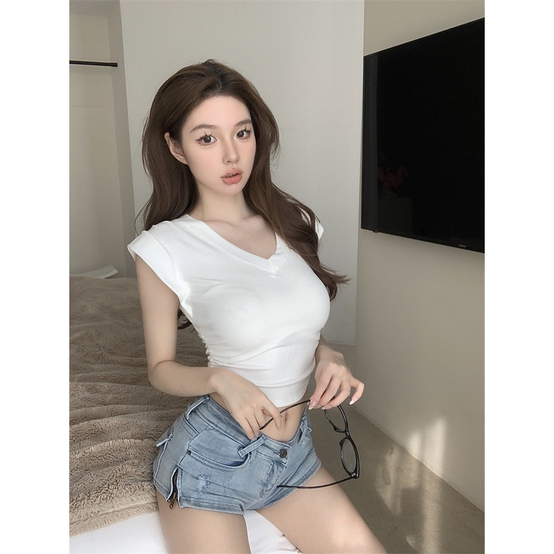 Áo Thun Tay Lửng Cổ Chữ V Dáng Ôm Thời Trang Mùa Hè Giản Dị