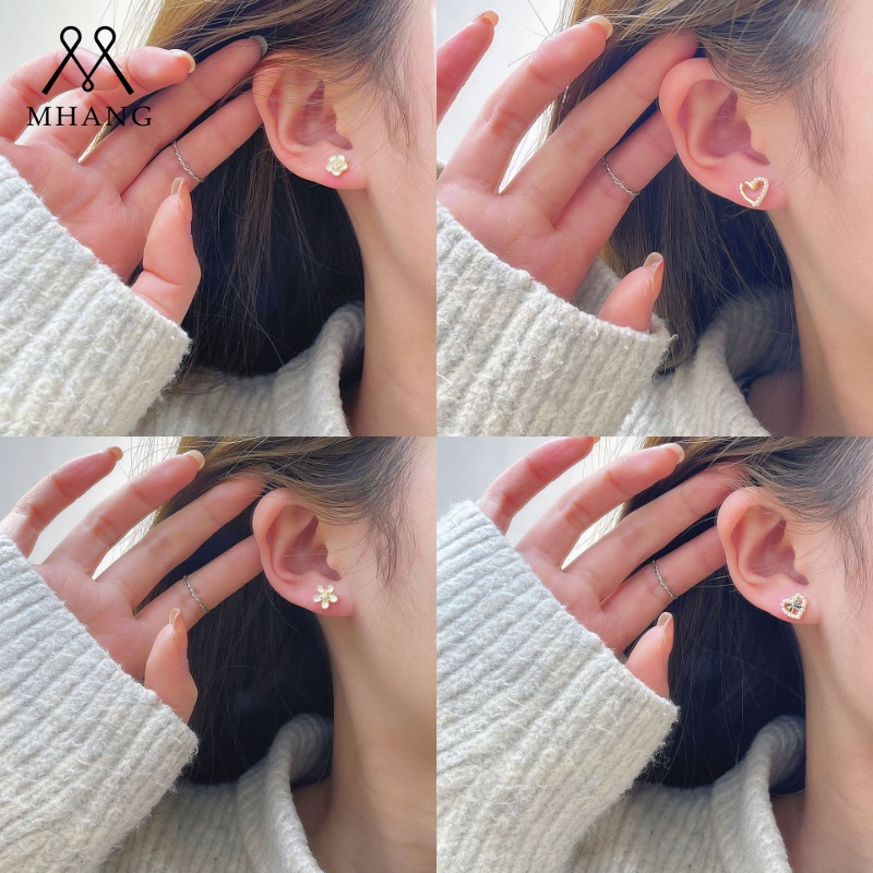 Bông Tai Mạ Bạc 925 Hình Hoa / Trái Tim Đính Ngọc Trai Nhân Tạo Thời Trang Hàn Quốc