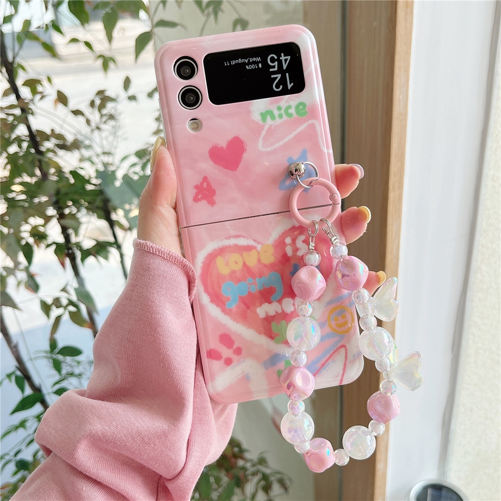 Ốp Điện Thoại Họa Tiết Trái Tim 3D Dễ Thương Kèm Dây Đeo Tay Cho Galaxy Z Flip3 5G Z Flip3 Zflip3 Flip4 Zflip4