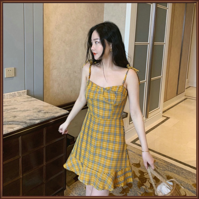 Đầm Dáng Ôm Họa Tiết Kẻ Sọc Màu Vàng Thời Trang Mùa Hè Cho Nữ