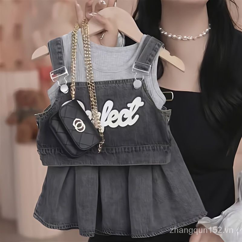 Set Đồ Thời Trang Mùa Hè 2023 Gồm Chân Váy Yếm Denim Hai Dây Phong Cách Hàn Quốc Cho Bé Gái