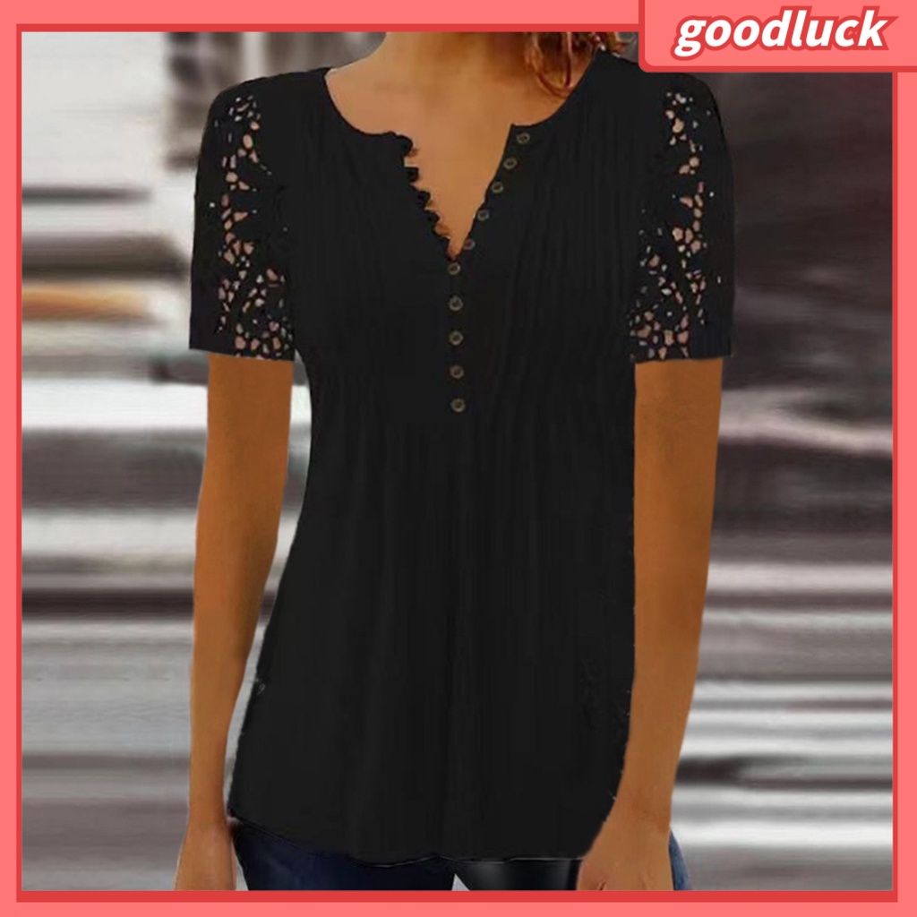 Áo Thun Tay Ngắn Cổ Chữ V Màu Trơn Phối Ren Lưới Xuyên Thấu Thời Trang Mùa Hè Cho Nữ