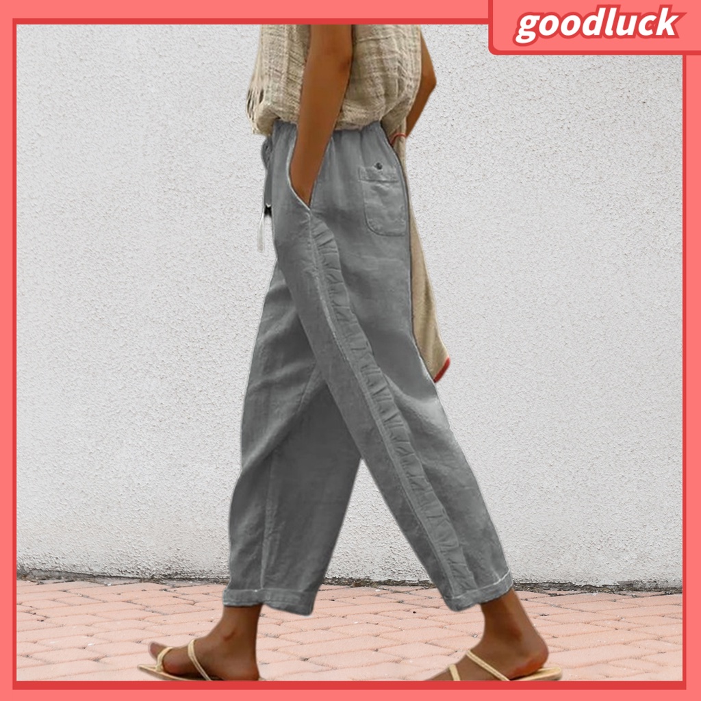 [ULK] Quần Dài Dây Rút Co Giãn Phối Viền Bèo Bên Hông Màu Trơn Thời Trang Đường Phố Mùa Hè Cho Nữ