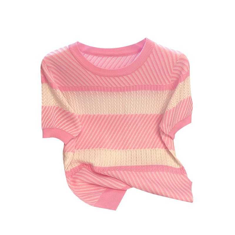 Áo Sweater Tay Ngắn Chất Lụa Lạnh Họa Tiết Kẻ Sọc Thời Trang Mùa Hè 2023 Cho Nữ