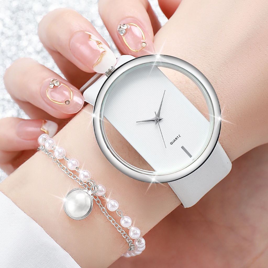 Đồng Hồ Nữ Dây Da Mặt Tròn Đính Hạt Giả Ngọc Trai Thời Trang