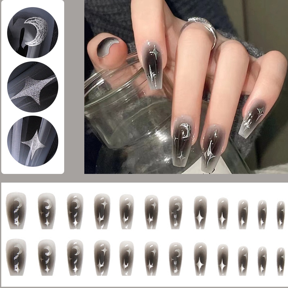 Set 24 Móng Tay Giả Y2k Màu Đen Có Thể Tái Sử Dụng