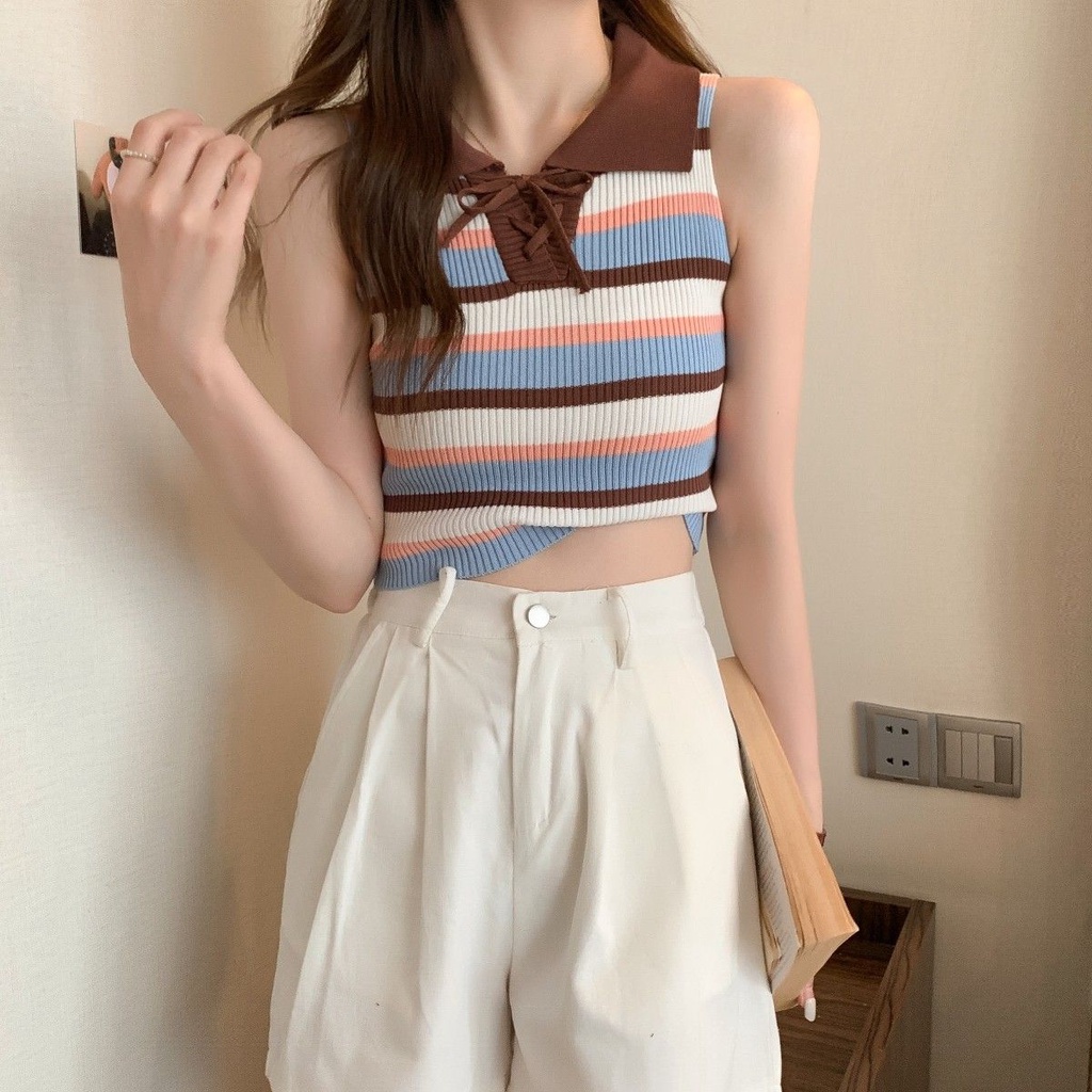 Áo Hai Dây Cổ Polo Họa Tiết Kẻ Sọc Màu Tương Phản Phong Cách Retro Thời Trang Mùa Hè Cho