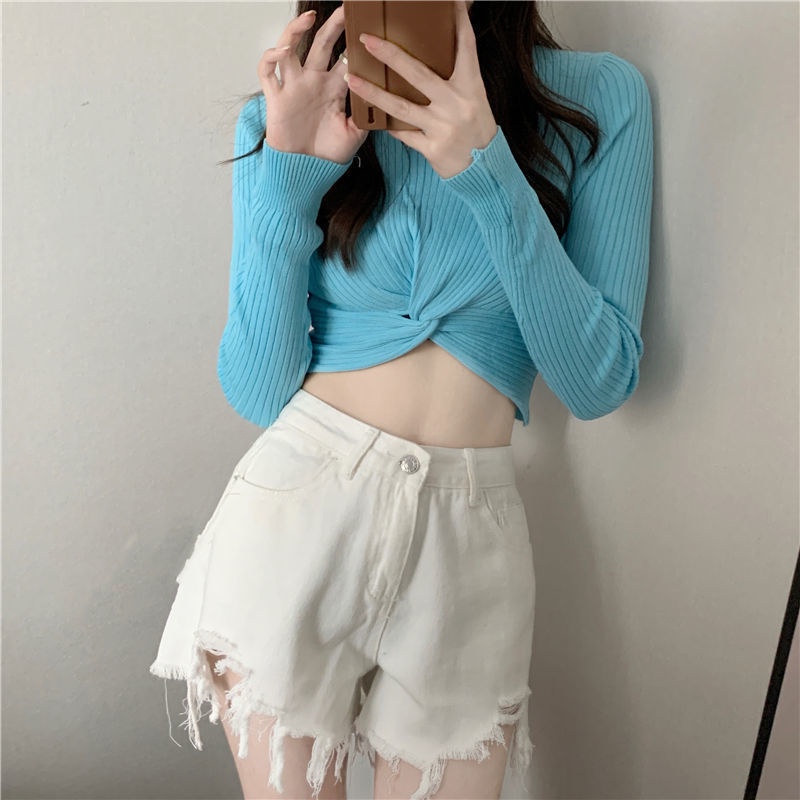 CheeseBunny Áo Dệt Kim Tay Dài Thiết Kế Đan Chéo Ngực Quyến Rũ