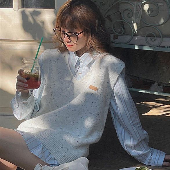 Áo Dệt Kim Sát Nách Dáng Rộng Cổ Chữ V Thời Trang Retro Cho Nữ