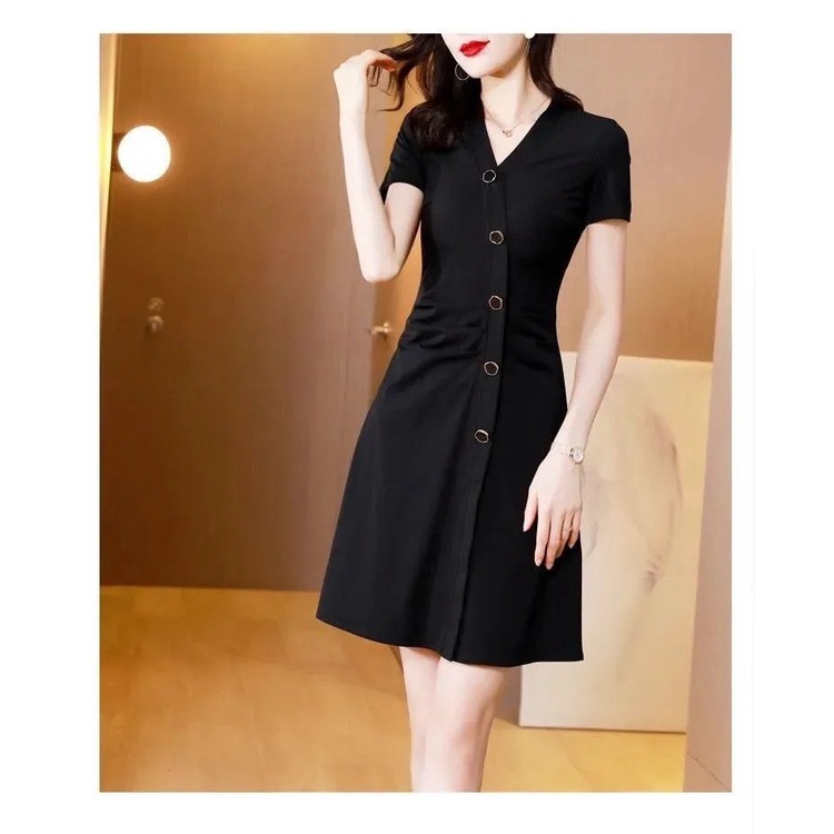 Đầm Tay Ngắn Cổ Chữ V Dáng Ôm Màu Đen Trơn Thời Trang Mùa Hè Xinh Xắn Cho Nữ
