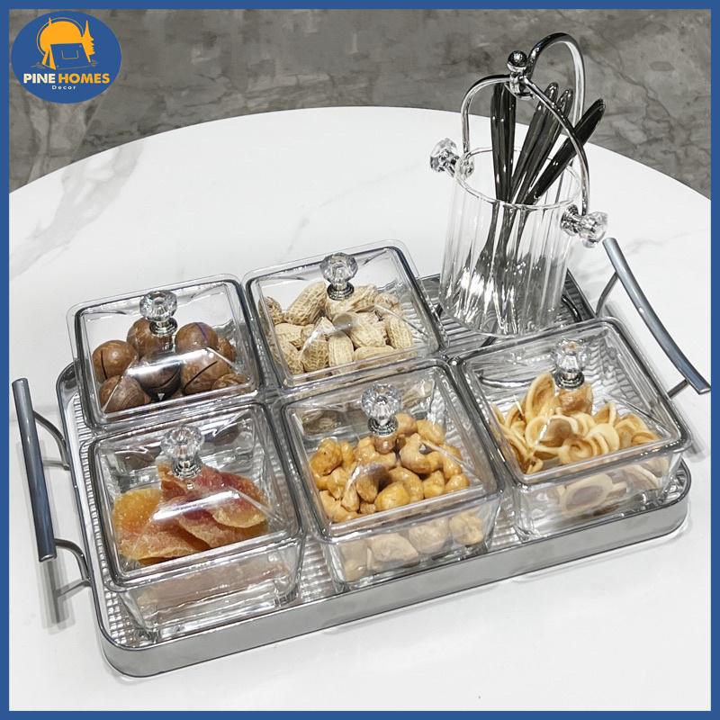 (HÀNG CÓ SẴN) Khay Đựng Bánh Kẹo, Hũ Đựng Bánh Mứt Tết Thuỷ Tinh Kèm Khay Màu Bạc