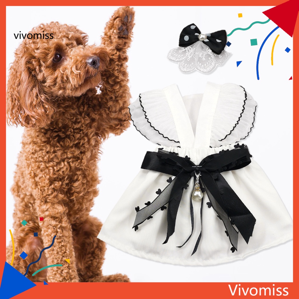 Đầm Đính Nơ Giả Ngọc Trai Đen Cổ Chữ V Thời Trang Xuân Hè Cho Thú Cưng