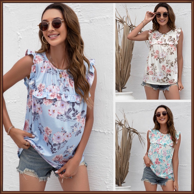 Áo Tank Top Sát Nách Cổ Tròn Thoáng Khí In Họa Tiết Hoa Xinh Xắn Thời Trang Mùa Hè Cho Nữ