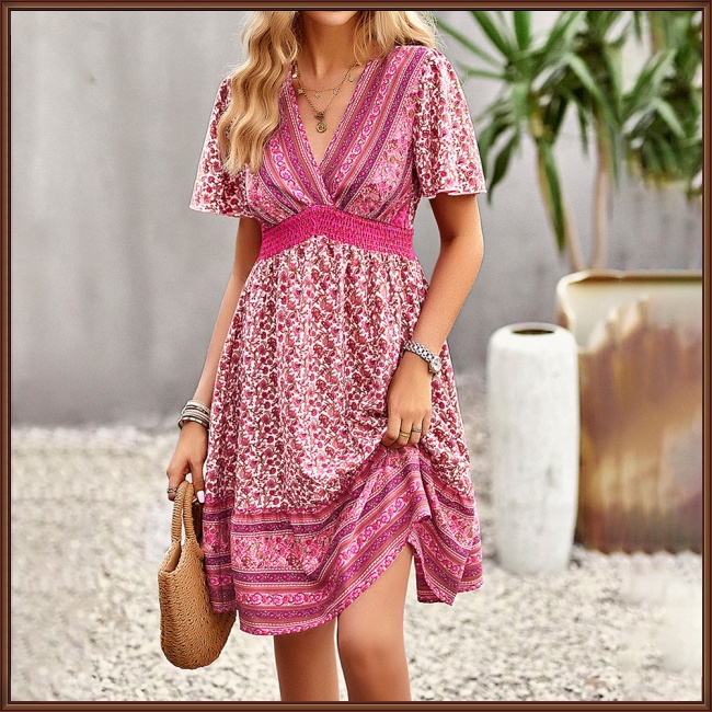 Đầm Dáng Chữ A Tay Ngắn Cổ Chữ V Thoáng Khí Thân Thiện Với Làn Da Họa Tiết Hoa Phong Cách Boho Cho Nữ