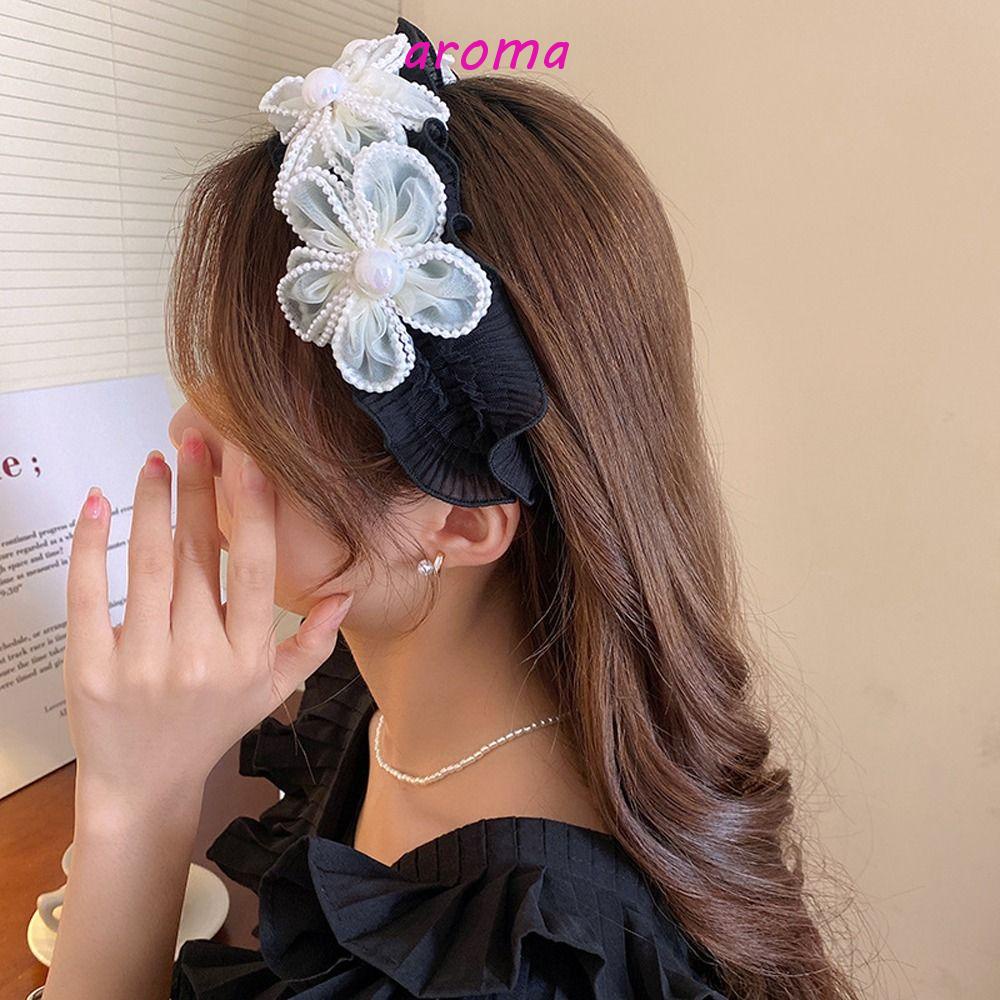 Băng Đô Cài Tóc Trang Điểm Bản Rộng Không Trượt Phối Lưới Họa Tiết Hoa