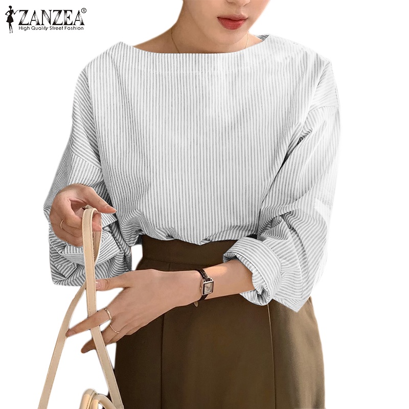 Áo nữ ZANZEA trễ vai dài tay cổ thuyền họa tiết sọc thời trang