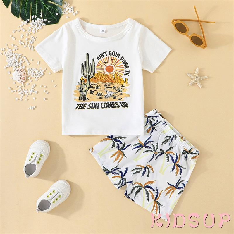 Set Đồ Mùa Hè 2 Món Gồm Áo Thun Tay Cộc Cổ Tròn In Chữ + Quần Ngắn In Họa Tiết Cây Dừa Cho Bé Trai