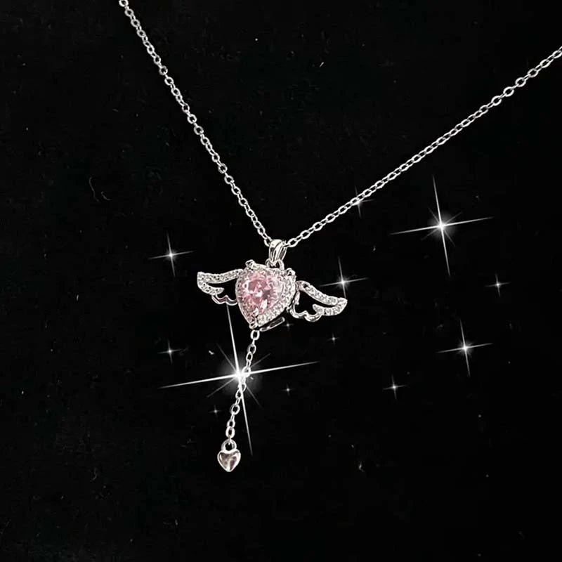 Vòng cổ Mạ Vàng Hồng Mặt Hình Cánh Thiên Thần Tình Yêu Đính Đá Zircon Đơn Giản Sáng Tạo Y2K