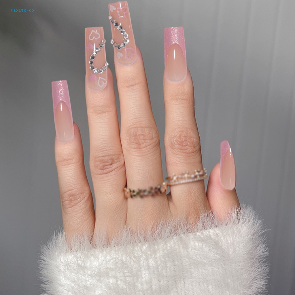 1 Bộ Móng Tay Giả Đính Kim Cương Hình Trái Tim Lấp Lánh