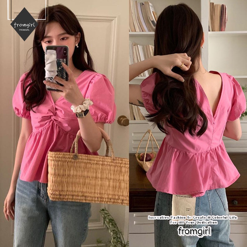 Áo Kiểu Tay Phồng Cổ Chữ V Phong Cách vintage Pháp