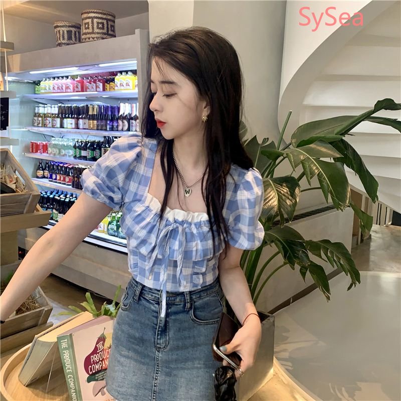 Áo Kiểu Tay Phồng Cổ Vuông Họa Tiết Sọc Caro Thời Trang Mùa Hè