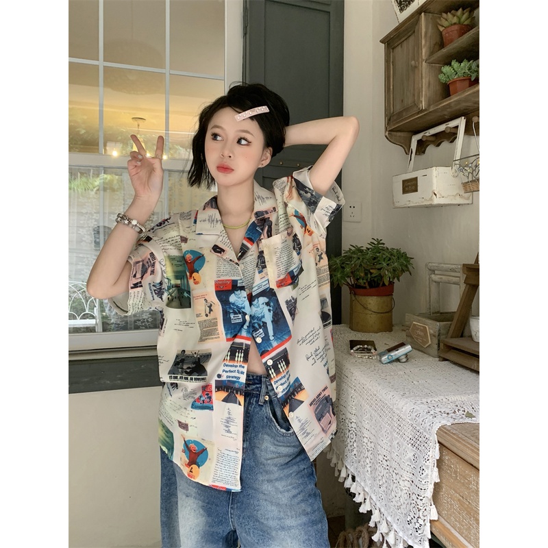 Áo Sơ Mi Nữ Ngắn Tay In Họa Tiết vintage Thời Trang