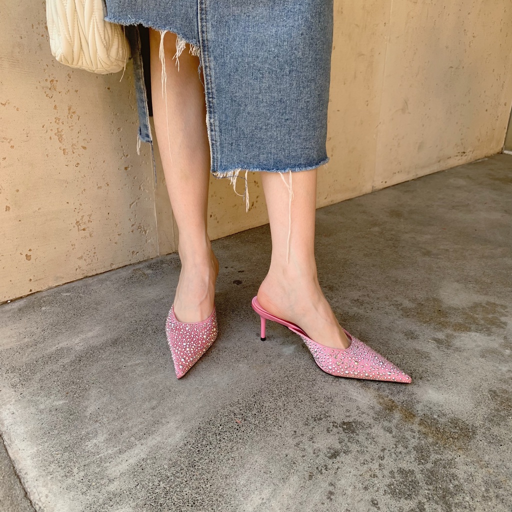 Dép Cao Gót Mũi Nhọn Đính Đá Phong Cách Âu Mỹ Thời Trang Mùa Xuân 2023