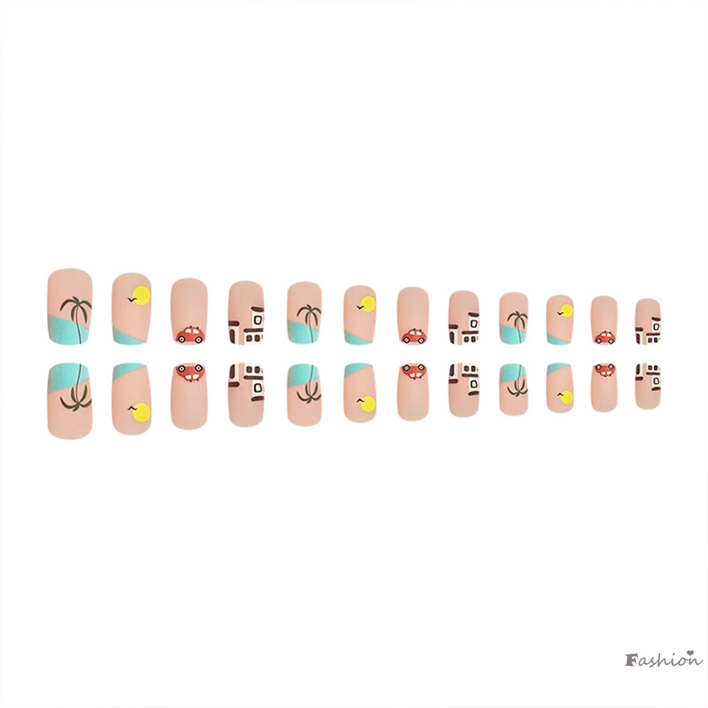 Bộ Móng Tay Giả Hình Vuông In Họa Tiết Ngôi Nhà Ô Tô Kèm Đinh Tán Viền Mịn