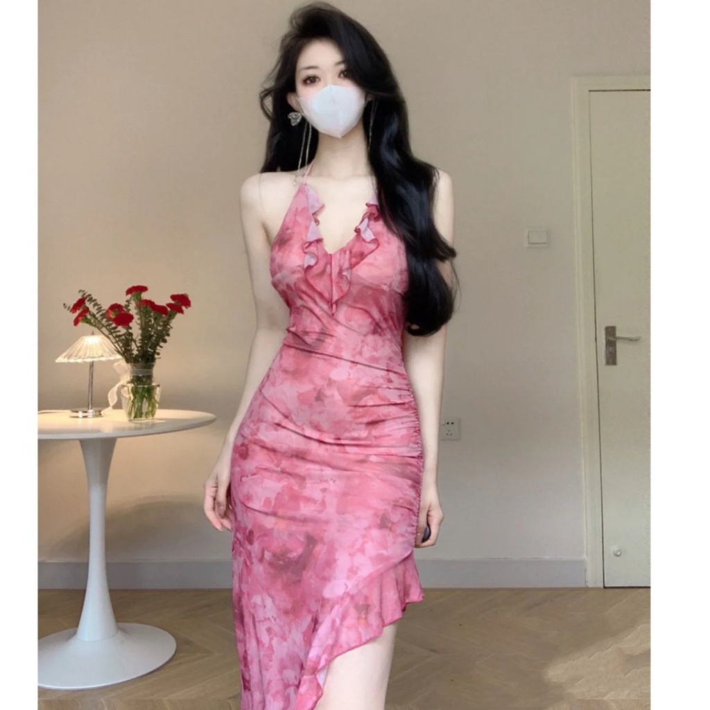 Đầm Dài Cổ Yếm Xẻ Tà Ôm Eo Phối Bèo Màu Trơn In Họa Tiết NKRJ Phong Cách Mới Cho Nữ
