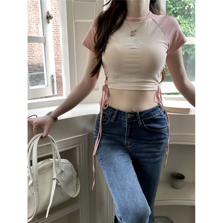 Áo baby tee Thun croptop Lửng Ngắn Tay Thắt Dây Eo Màu Sắc Tương Phản Dành Cho Nữ
